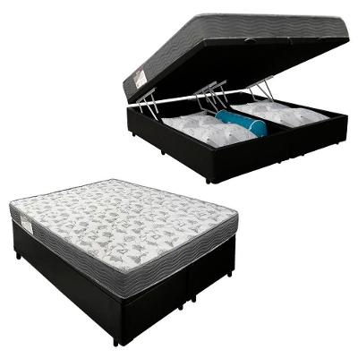 Cama Box Completa Casal 138cm Baú Bipartido com Colchão Espuma D33 Suede Preto Sereneprime