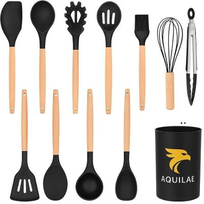 Kit Utensílios de Cozinha 12 Peças com Fouet Inox Silicone Cabo de Madeira Resistente Até 240 graus C