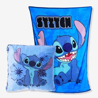 Almofada com Manta Stitch com Enchimento em Fibra Siliconada Toque Macio Azul Lilo e Stitch