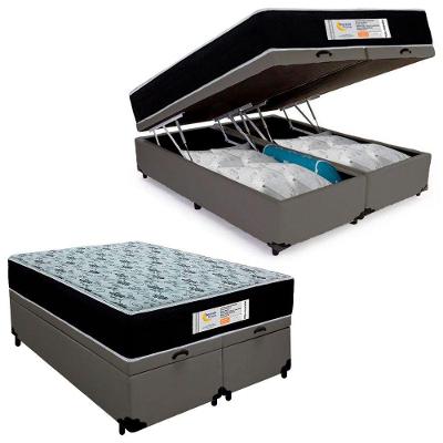 Cama Box Baú Casal 138x188 Sonnolux com Colchão Molas Ensacadas Tratamento Antiácaro Tecido Cinza