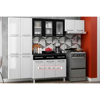Cozinha Compacta Topázio 11 Portas em Aço 245cm Branco Preto com Armários e Paneleiro