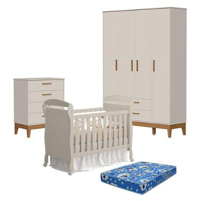 Quarto De Bebê 4 Portas Com Cômoda Gaveteiro Flip E Berço Americano Danny Areia Acetinado Com Colchão Ortobom - Reller