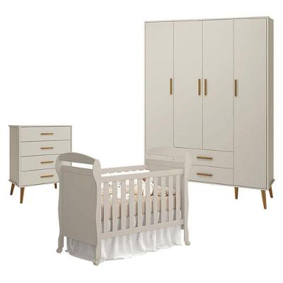 Quarto De Bebê 4 Portas Com Cômoda Gaveteiro Isis E Berço Americano Danny Areia Acetinado - Reller