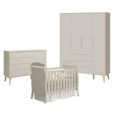 Quarto De Bebê 4 Portas Com Cômoda Com Porta Elfe Retrô E Berço Americano Danny Areia Acetinado Natural - Reller
