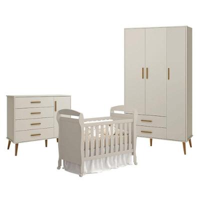 Quarto De Bebê 3 Portas Com Cômoda Com Porta Isis E Berço Americano Danny Areia Acetinado - Reller