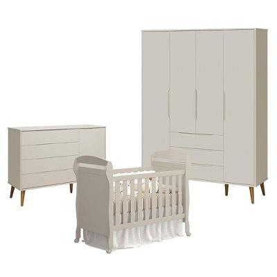 Quarto De Bebê 4 Portas Com Cômoda Com Porta Elfe Retrô E Berço Americano Danny Areia Acetinado Amadeirado - Reller