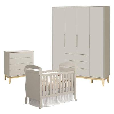 Quarto De Bebê 4 Portas Com Cômoda Gaveteiro Elfe Classic E Berço Americano Danny Areia Acetinado Natural - Reller