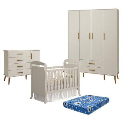 Quarto De Bebê 4 Portas Com Cômoda Com Porta Isis E Berço Americano Danny Areia Acetinado Com Colchão Ortobom - Reller
