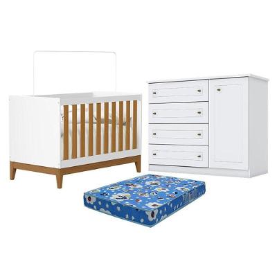 Berço Americano Flip Branco Acetinado Savana Reller E Cômoda Infantil Americano Branco Hp E Colchão Tendtudo - Henn