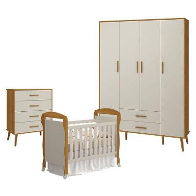 Quarto De Bebê 4 Portas Com Cômoda Gaveteiro Isis E Berço Americano Danny Areia Savana Acetinado - Reller