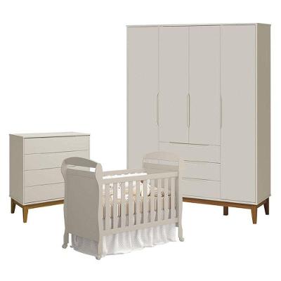Quarto De Bebê 4 Portas Com Cômoda Gaveteiro Elfe Classic E Berço Americano Danny Areia Acetinado Amadeirado - Reller