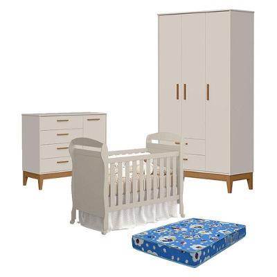 Quarto De Bebê 3 Portas Com Cômoda Com Porta Flip E Berço Americano Danny Areia Acetinado Com Colchão Ortobom - Reller
