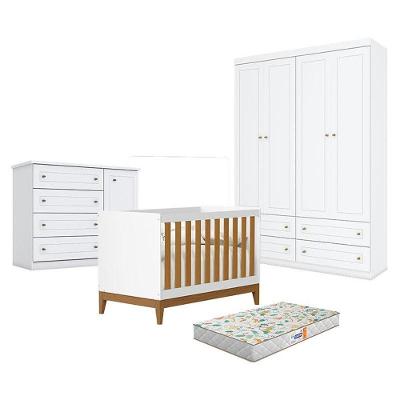 Quarto De Bebê Americano 4 Portas Com Berço Americano Flip Branco Acetinado Savana Reller E Colchão Gazin - Henn