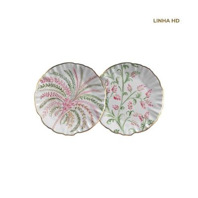 Conjunto de Pratos Pink Palm 2 Peças em Cerâmica com Estampa Floral Tropical Rosa
