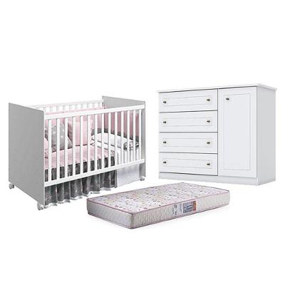 Berço Nacional Mel Branco Acetinado - Reller E Cômoda Infantil Americano Branco Hp E Colchão Gazin - Henn