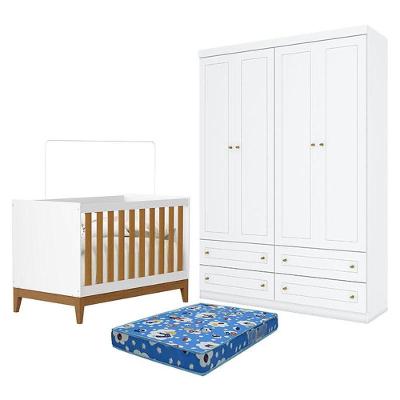 Berço Americano Flip Branco Acetinado Savana Reller E Guarda Roupa Infantil 4 Portas Branco Hp E Colchão Tendtudo - Henn