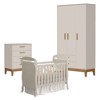 Quarto De Bebê 3 Portas Com Cômoda Gaveteiro Flip E Berço Americano Danny Areia Acetinado - Reller