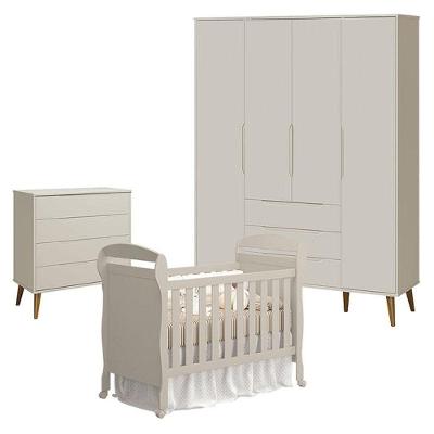 Quarto De Bebê 4 Portas Com Cômoda Gaveteiro Elfe Retrô E Berço Americano Danny Areia Acetinado Amadeirado - Reller