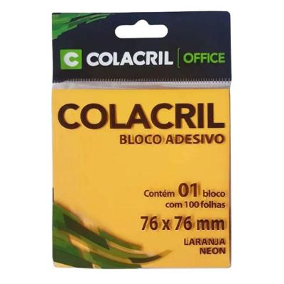 Bloco Adesivo Colacril 76MM X 76MM com 100 Folhas Ideal para Recados e Marcações Laranja Neon