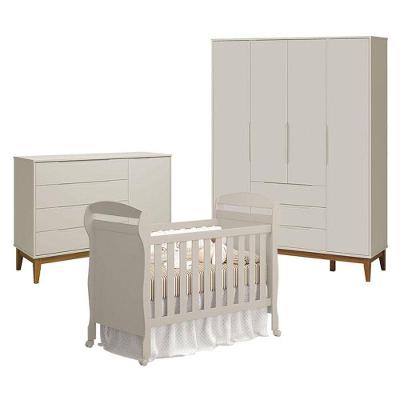 Quarto De Bebê 4 Portas Com Cômoda Com Porta Elfe Classic E Berço Americano Danny Areia Acetinado Amadeirado - Reller