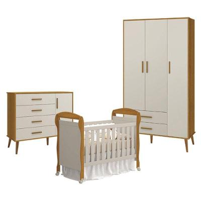 Quarto De Bebê 3 Portas Com Cômoda Com Porta Isis E Berço Americano Danny Areia Savana Acetinado - Reller
