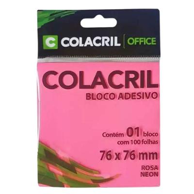 Bloco Adesivo Colacril 76MM X 76MM 100 Folhas para Anotações e Recados Rosa Neon