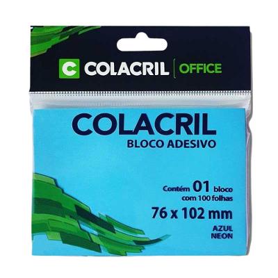 Bloco Adesivo Colacril 76MM X 102MM 100 Folhas Neon para Recados e Marcações Azul Neon