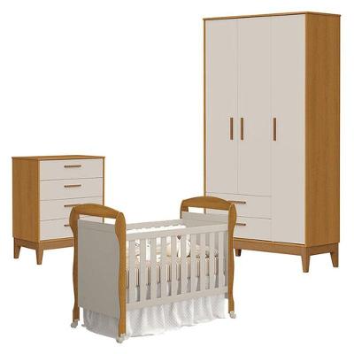 Quarto De Bebê 3 Portas Com Cômoda Gaveteiro Flip E Berço Americano Danny Areia Savana Acetinado - Reller