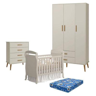Quarto De Bebê 3 Portas Com Cômoda Gaveteiro Isis E Berço Americano Danny Areia Acetinado Com Colchão Ortobom - Reller