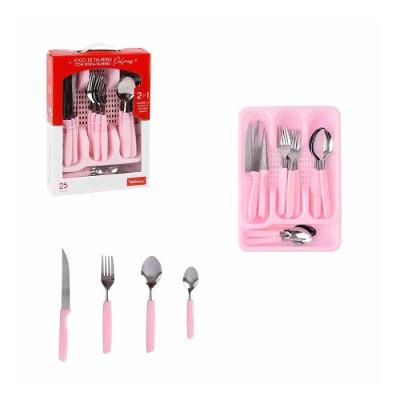 Conjunto de Talheres Palmas 25 Peças em Aço Inox com Cabo Polipropileno para Mesa Posta Rosa