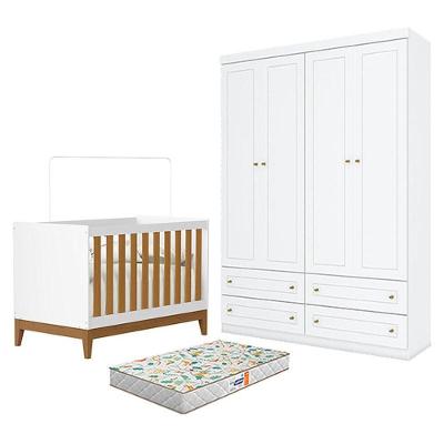 Berço Americano Flip Branco Acetinado Savana Reller E Guarda Roupa Infantil 4 Portas Branco Hp E Colchão Gazin - Henn
