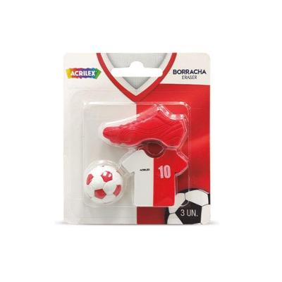 Borracha Acrilex Futebol C 3 Unidades com Formato de Bola para Estudantes Branco e Vermelho