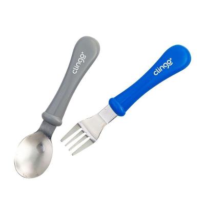 Kit Garfo e Colher Infantil Metal Colors Azul-cinza para Bebê Tpc em Aço Inoxidável com Cabo