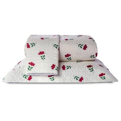 Cobre Leito Casal Basic Dupla Face 180 Fios 3 Peças Flores Vermelhas