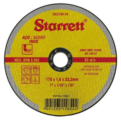 Disco de Corte para Aço Inox DAC180-24 Fino 1,6MM Alta Durabilidade Inox Starrett