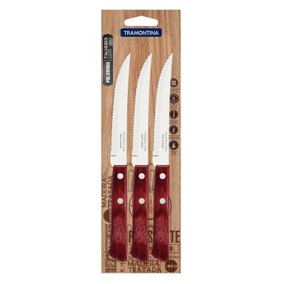 Conjunto de Facas para Churrasco Polywood 3 Peças em Aço Inox com Cabo de Madeira Vermelho