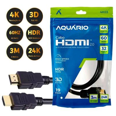 Cabo Hdmi 2.0 4k Blindado 3d Full Hd com Arc 60hz 3m Conectores Gold 24k Oem