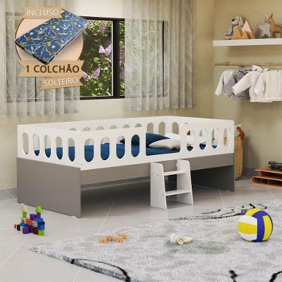 Cama Solteiro Juvenil Lara com Escadinha e Colchão branco-cinza