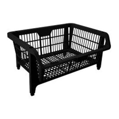 Cesto Plástico Empilhável 57x42cm Preto Organizador de Estoque Compacto com Porta Etiqueta Presto