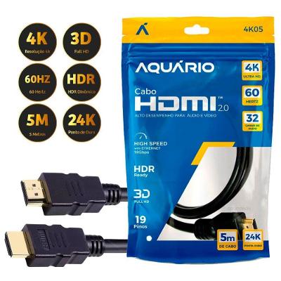 Cabo Hdmi 2.0 4k Blindado 5m com 60hz Arc 3d e Conectores Gold 24k Oem