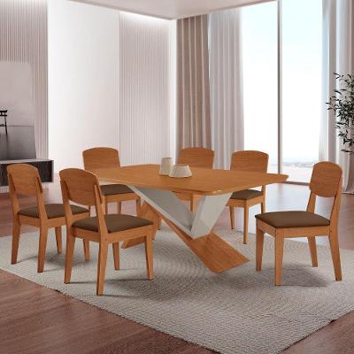 Mesa De Jantar Yasmin Tampo Laminado Canto Copo E 6 Cadeiras Veludo Marrom/naturale/off White