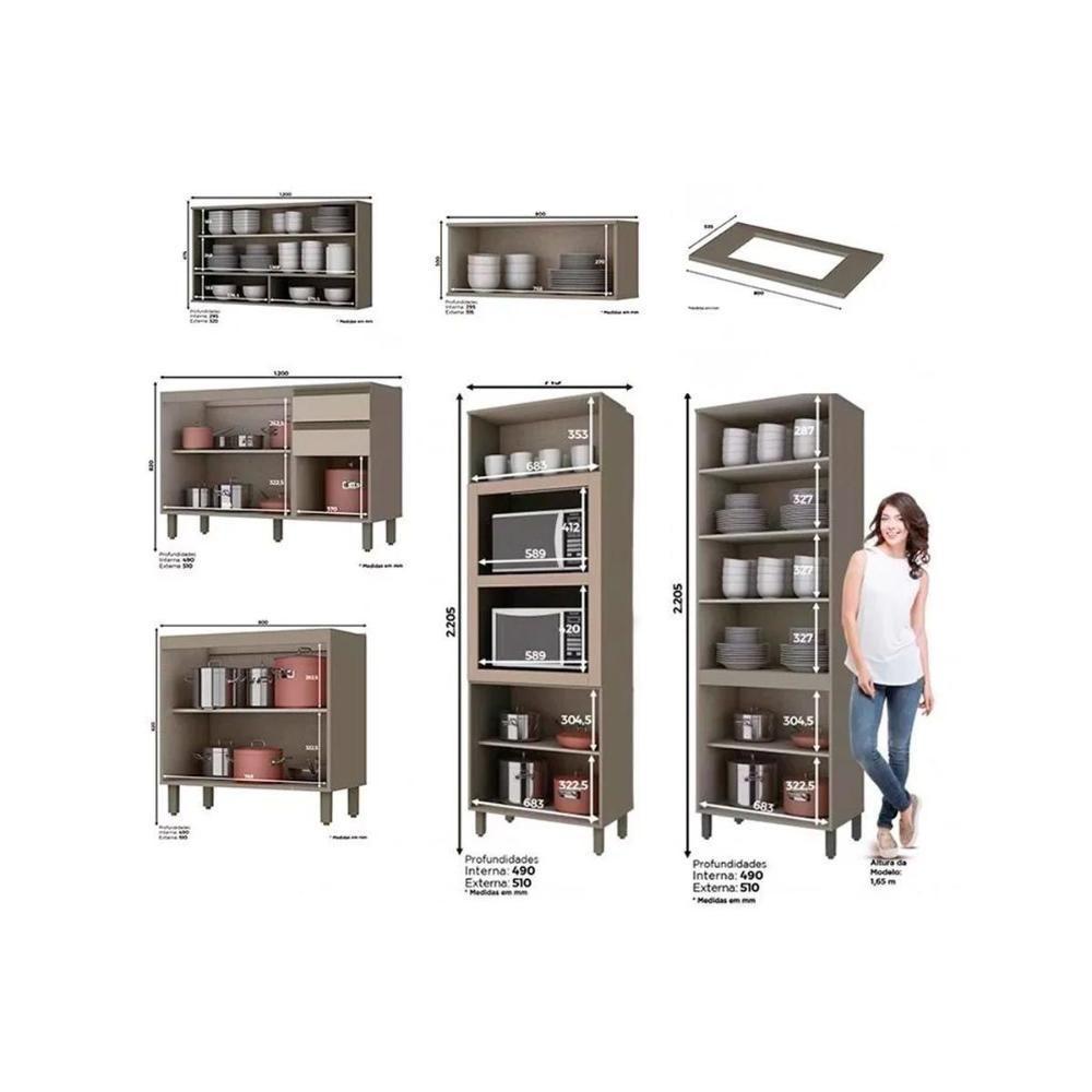 Kit Cozinha 7Pçs (torre Quente + Paneleiro + 2 Aéreos + 2 Gabinetes 1 Tampo P/Cooktop) Duna/cristal - 4