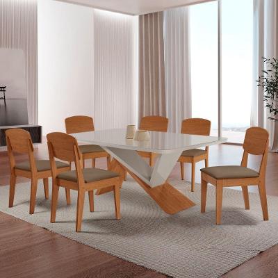 Mesa De Jantar Yasmin Tampo Vidro Canto Copo Com 6 Cadeiras Veludo Capuccino/nat/off/serig. Off
