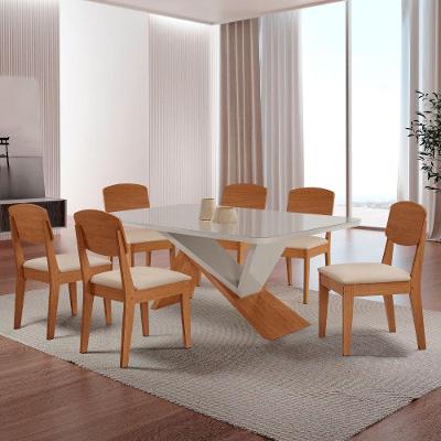 Mesa De Jantar Yasmin Tampo Vidro Canto Copo Com 6 Cadeiras Veludo Creme /nat/off/serig. Off