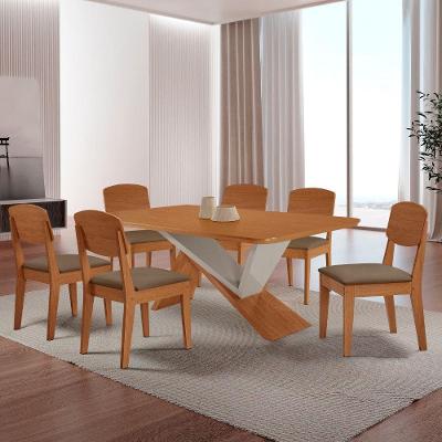Mesa De Jantar Yasmin Tampo Laminado Canto Copo E 6 Cadeiras Veludo Capuccino/naturale/off White