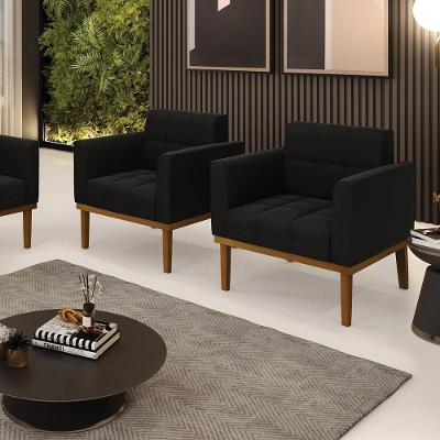 Kit 2 Poltronas Decorativas Karen Pés Fixo Em Madeira Castanho Suede Preto G19 - Gran Belo