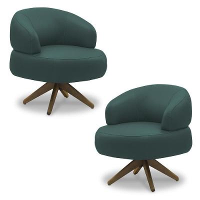 Kit 2 Poltronas Decorativas Katy Sala De Estar Base Giratória Em Madeira Couro Verde Musgo G88 - Gran Belo