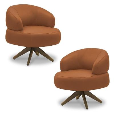 Kit 2 Poltronas Decorativas Katy Sala De Estar Base Giratória Em Madeira Couro Conhaque G88 - Gran Belo