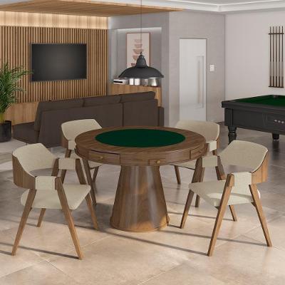Mesa De Jogos Carteado Bellagio Tampo Reversível Verde E 4 Cadeiras Madeira Poker Base Cone Linho Offwhite/nogueira