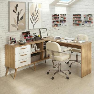 Mesa De Manicure Profissional De Canto Em L Com 3 Gavetas Jady Multimóveis Mp6042 Madeirado/branco